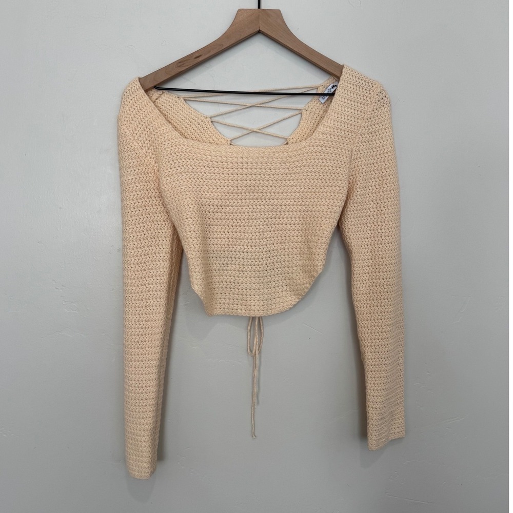 Fashion Nova Cream Lace Up Back Cropped Knit Sweater Balletcore Fairy Boho Small
